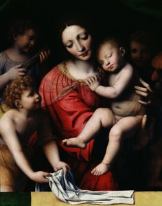 O sono Jesus, ou Madonna segurando a criança adormecida, acompanhada por três anjos, 1532